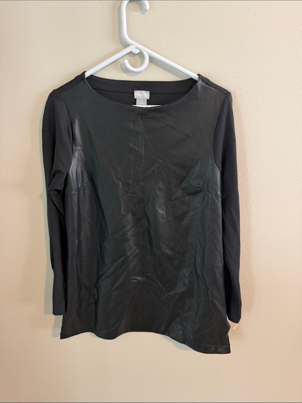 Chico's Black Faux Leather Panel Long Sleeve Tee
